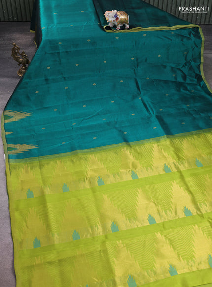 Silk cotton saree green and light green with zari woven buttas and temple design zari woven border