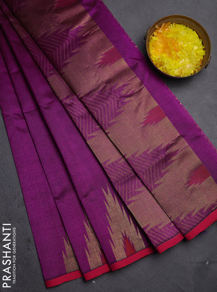 Silk cotton saree purple and pink with zari woven buttas and temple design zari woven border