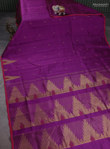 Silk cotton saree purple and pink with zari woven buttas and temple design zari woven border