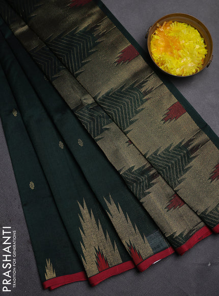 Silk cotton saree dark green and maroon with zari woven buttas and temple design zari woven border