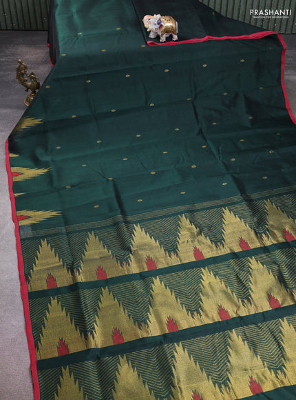 Silk cotton saree dark green and maroon with zari woven buttas and temple design zari woven border