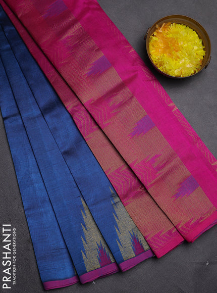 Silk cotton saree cs blue and pink with zari woven buttas and temple design zari woven border