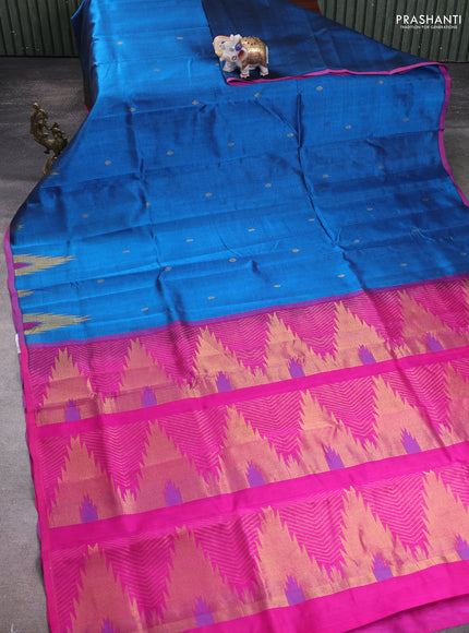 Silk cotton saree cs blue and pink with zari woven buttas and temple design zari woven border