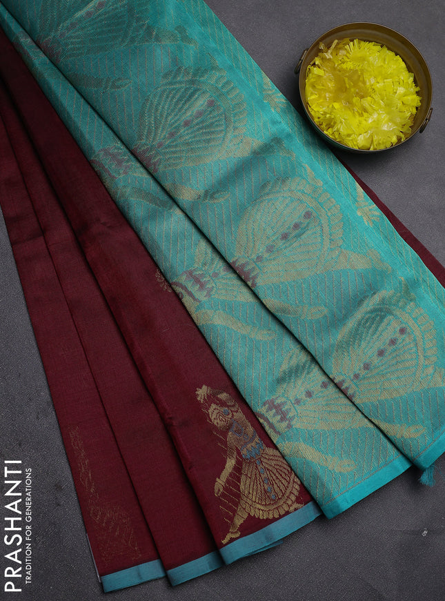 Silk cotton saree maroon and teal blue with zari woven buttas and zari woven butta border