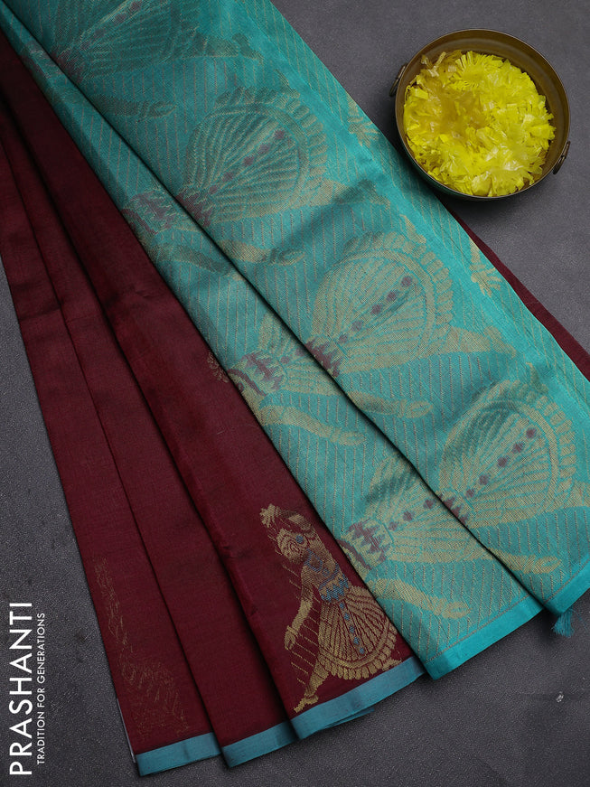 Silk cotton saree maroon and teal blue with zari woven buttas and zari woven butta border