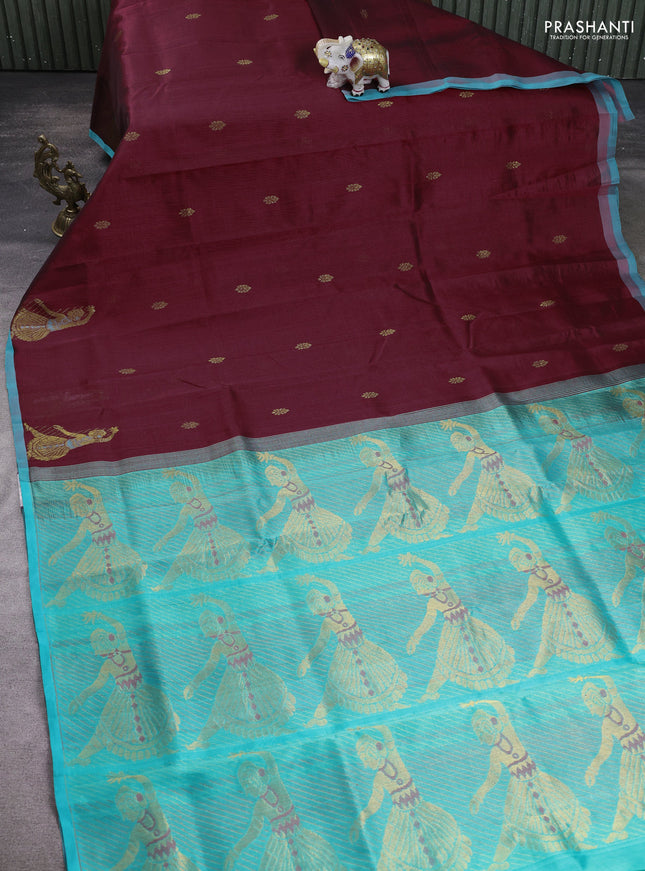 Silk cotton saree maroon and teal blue with zari woven buttas and zari woven butta border
