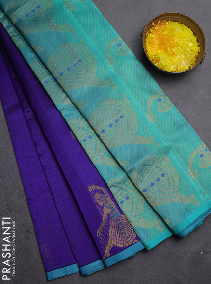 Silk cotton saree blue and teal blue with zari woven buttas and zari woven butta border