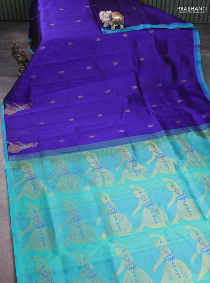 Silk cotton saree blue and teal blue with zari woven buttas and zari woven butta border