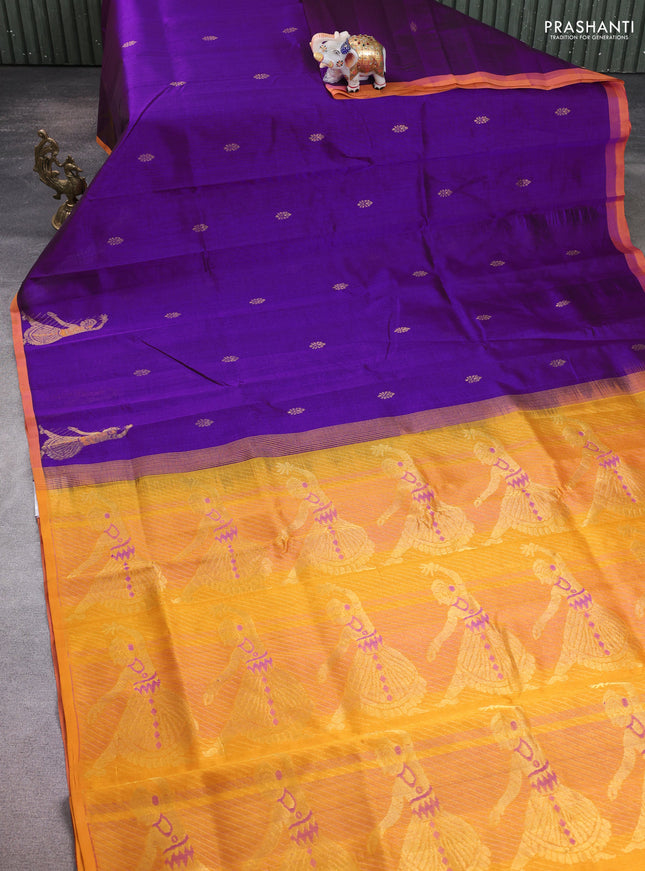 Silk cotton saree purple and mustard yellow with zari woven buttas and zari woven butta border