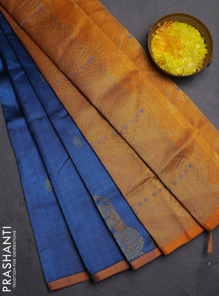 Silk cotton saree cs blue and mustard yellow with zari woven buttas and zari woven butta border