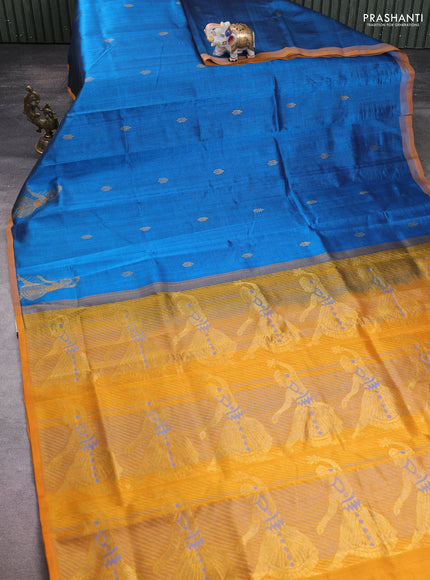 Silk cotton saree cs blue and mustard yellow with zari woven buttas and zari woven butta border