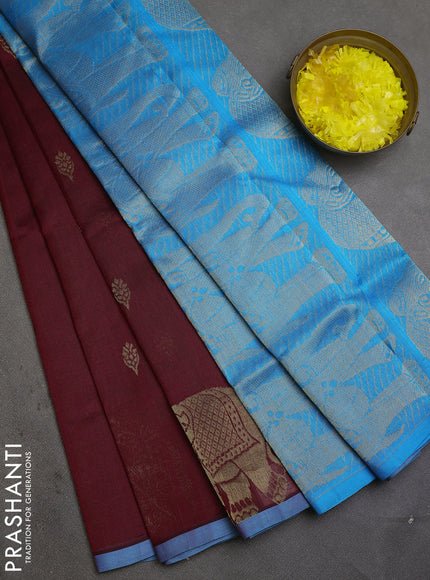 Silk cotton saree maroon and cs blue with zari woven buttas and elephant butta border