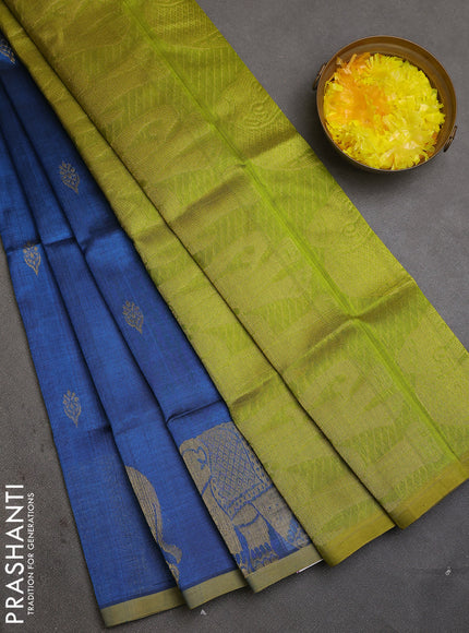 Silk cotton saree cs blue and light green with zari woven buttas and elephant butta border