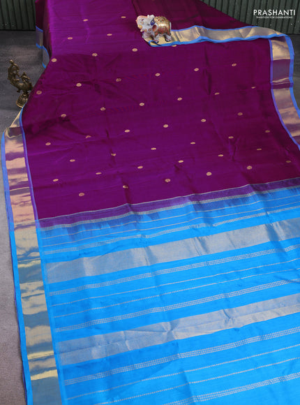 Silk cotton saree purple and cs blue with zari woven buttas and zari woven border