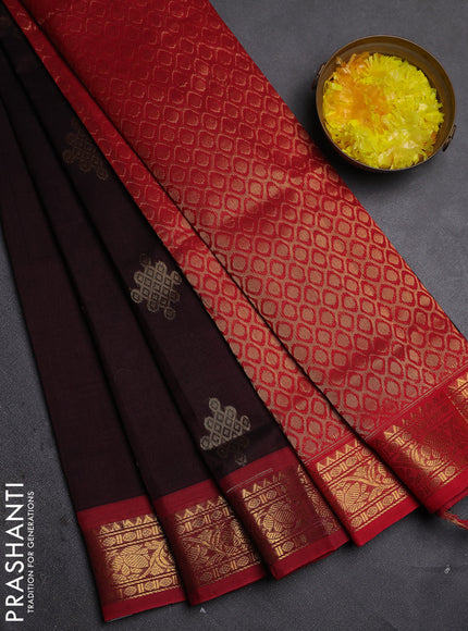 Silk cotton saree coffee brown and red with zari woven rangoli buttas and zari woven border