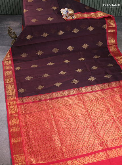 Silk cotton saree coffee brown and red with zari woven rangoli buttas and zari woven border