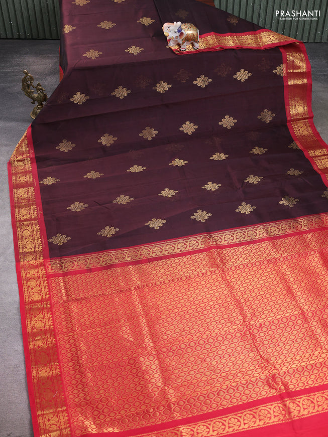 Silk cotton saree coffee brown and red with zari woven rangoli buttas and zari woven border