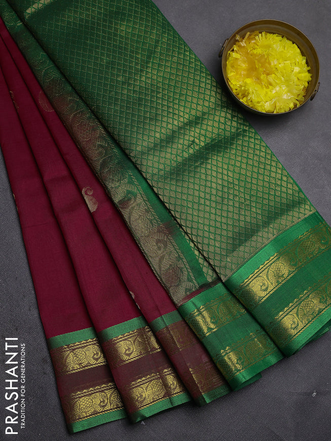 Silk cotton saree pink and green with zari woven paisley buttas and zari woven border