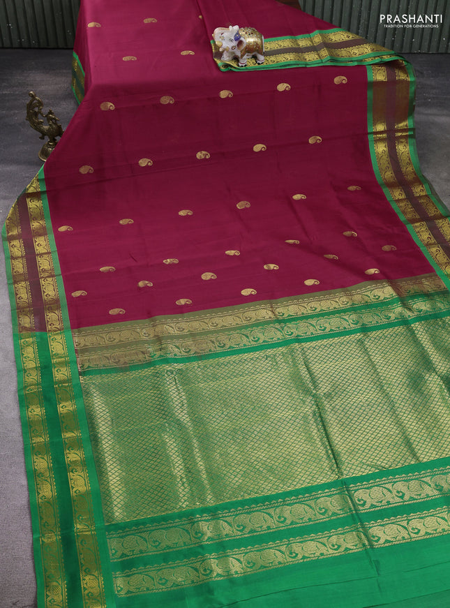 Silk cotton saree pink and green with zari woven paisley buttas and zari woven border