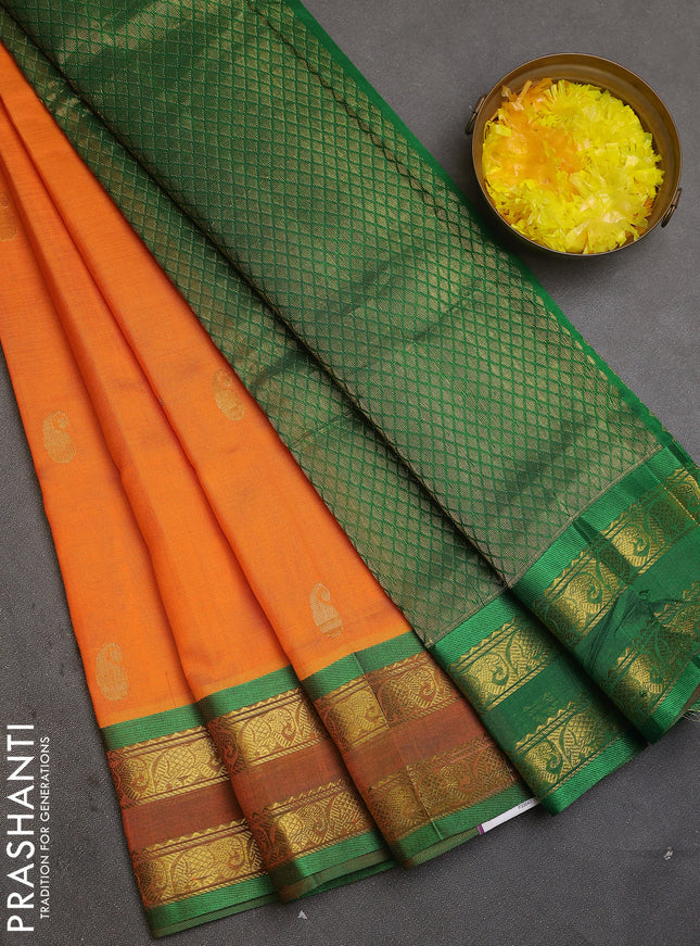 Silk cotton saree mango yellow and green with zari woven paisley buttas and zari woven border