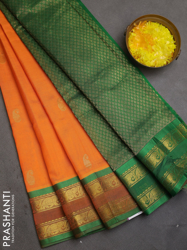 Silk cotton saree mango yellow and green with zari woven paisley buttas and zari woven border