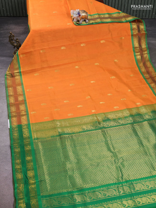 Silk cotton saree mango yellow and green with zari woven paisley buttas and zari woven border