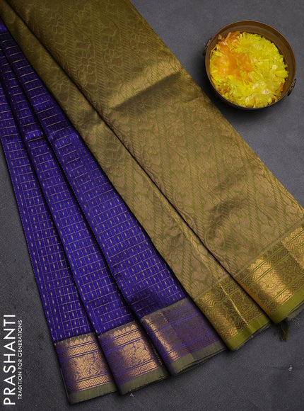 Silk cotton saree blue and light green with allover zari checks & lakshadeepam weaves and zari woven border