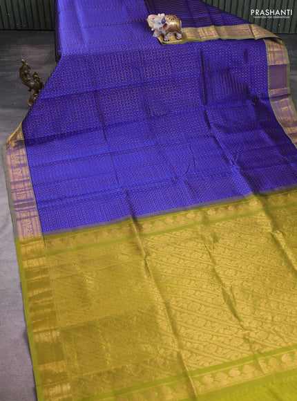 Silk cotton saree blue and light green with allover zari checks & lakshadeepam weaves and zari woven border