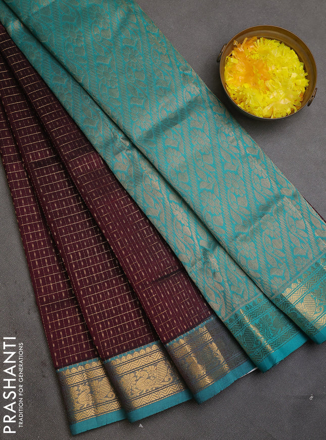 Silk cotton saree deep maroon and teal blue with allover zari checks & lakshadeepam weaves and zari woven border