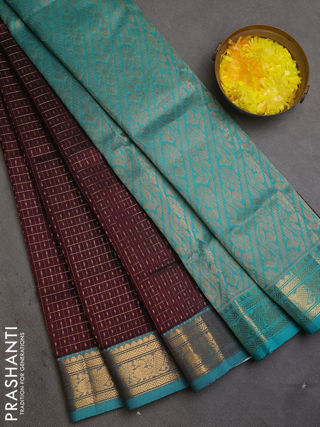 Silk cotton saree deep maroon and teal blue with allover zari checks & lakshadeepam weaves and zari woven border