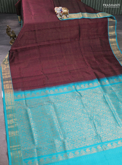 Silk cotton saree deep maroon and teal blue with allover zari checks & lakshadeepam weaves and zari woven border