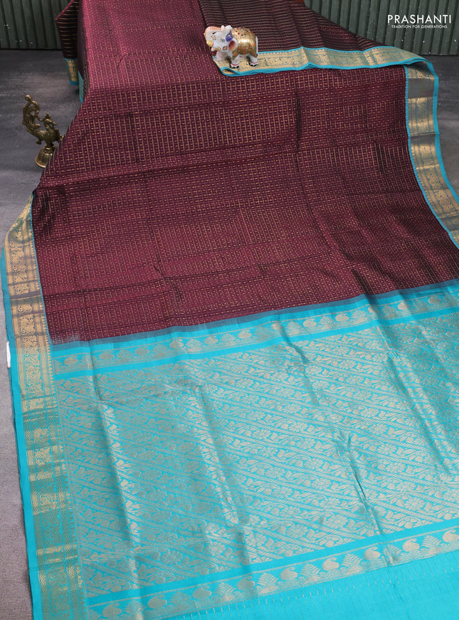Silk cotton saree deep maroon and teal blue with allover zari checks & lakshadeepam weaves and zari woven border