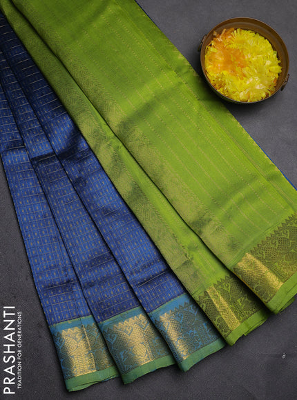 Silk cotton saree cs blue and light green with allover zari checks & lakshadeepam weaves and zari woven border