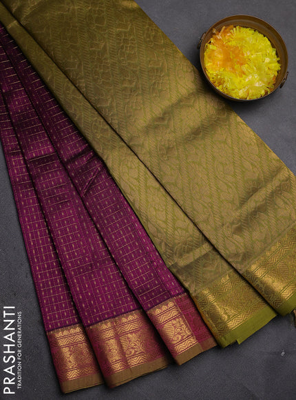 Silk cotton saree purple and mehendi green with allover zari checks & lakshadeepam weaves and zari woven border