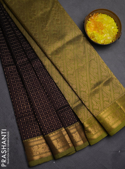 Silk cotton saree coffee brown and lime green with allover zari checks & lakshadeepam weaves and zari woven border