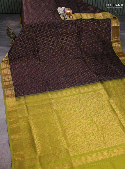 Silk cotton saree coffee brown and lime green with allover zari checks & lakshadeepam weaves and zari woven border