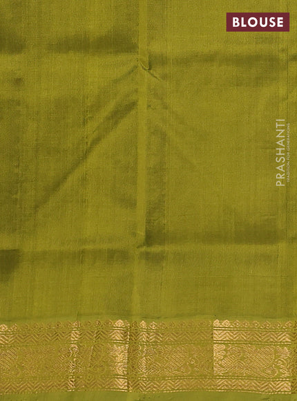 Silk cotton saree coffee brown and lime green with allover zari checks & lakshadeepam weaves and zari woven border