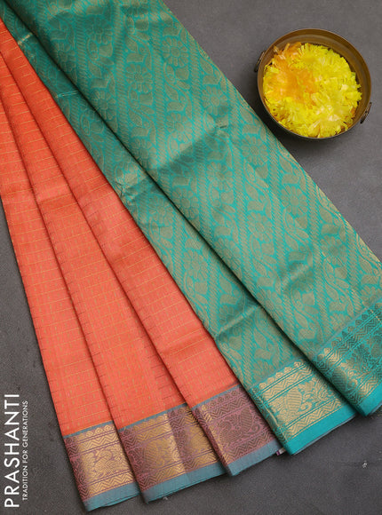 Silk cotton saree orange and teal blue with allover zari checks & lakshadeepam weaves and zari woven border