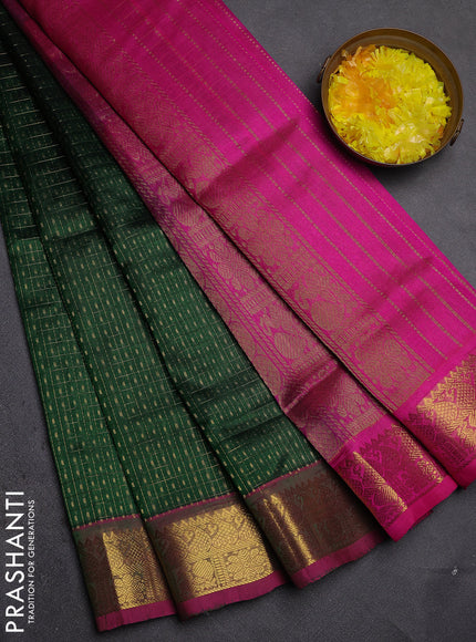 Silk cotton saree green and pink with allover zari checks & lakshadeepam weaves and zari woven border