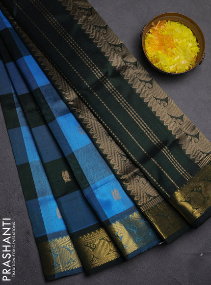 Silk cotton saree cs blue and dark green with allover paalum pazhamum checks & zari buttas and paisley zari woven border