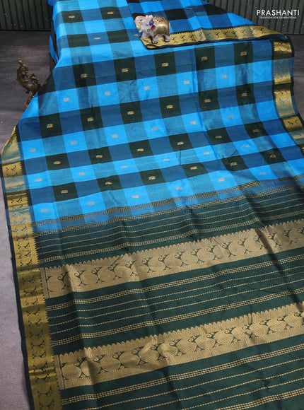 Silk cotton saree cs blue and dark green with allover paalum pazhamum checks & zari buttas and paisley zari woven border