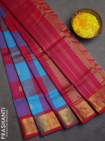 Silk cotton saree cs blue and pink with allover paalum pazhamum checks & zari buttas and paisley zari woven border