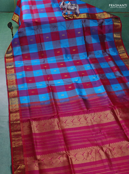 Silk cotton saree cs blue and pink with allover paalum pazhamum checks & zari buttas and paisley zari woven border