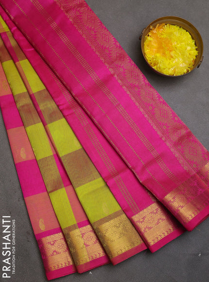 Silk cotton saree light green and pink with allover paalum pazhamum checks & zari buttas and zari woven border