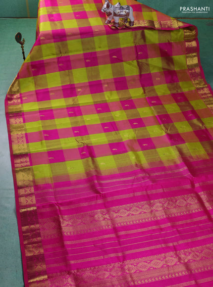 Silk cotton saree light green and pink with allover paalum pazhamum checks & zari buttas and zari woven border