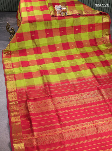 Silk cotton saree light green and maroon with allover paalum pazhamum checks & zari buttas and zari woven border
