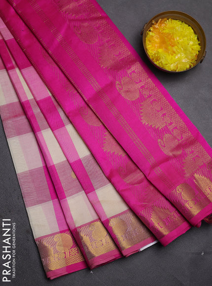 Silk cotton saree cream and pink with allover paalum pazhamum checks & zari buttas and paisley & temple design zari woven border