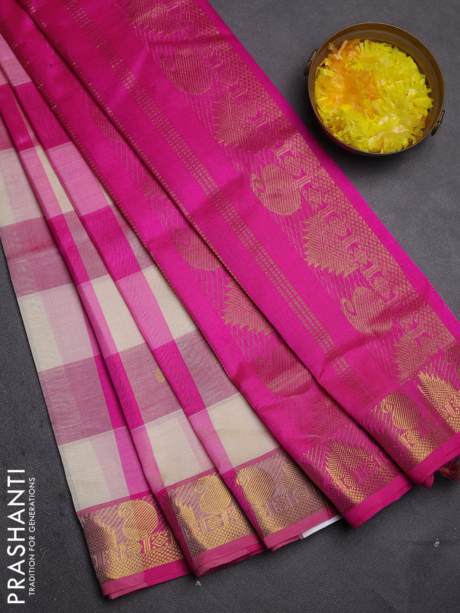 Silk cotton saree cream and pink with allover paalum pazhamum checks & zari buttas and paisley & temple design zari woven border