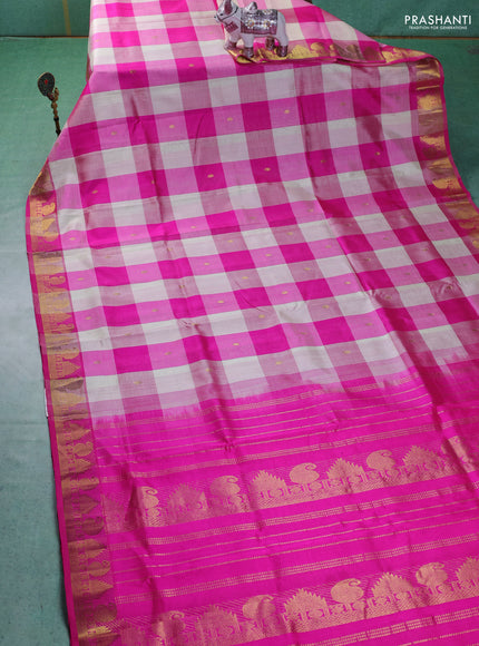 Silk cotton saree cream and pink with allover paalum pazhamum checks & zari buttas and paisley & temple design zari woven border