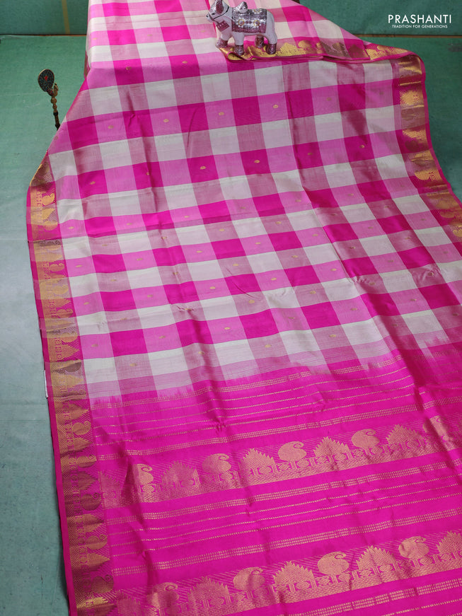 Silk cotton saree cream and pink with allover paalum pazhamum checks & zari buttas and paisley & temple design zari woven border